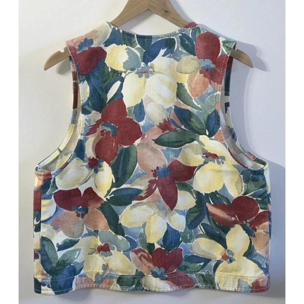 Women's Vintage ORVIS Denim Floral Print Cottagecore Button Front Vest‎ Large EC